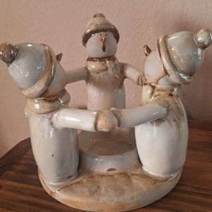 Vintage Glazed Ceramic Circle Of Friends Snowmen Candle Holder Winter Decor